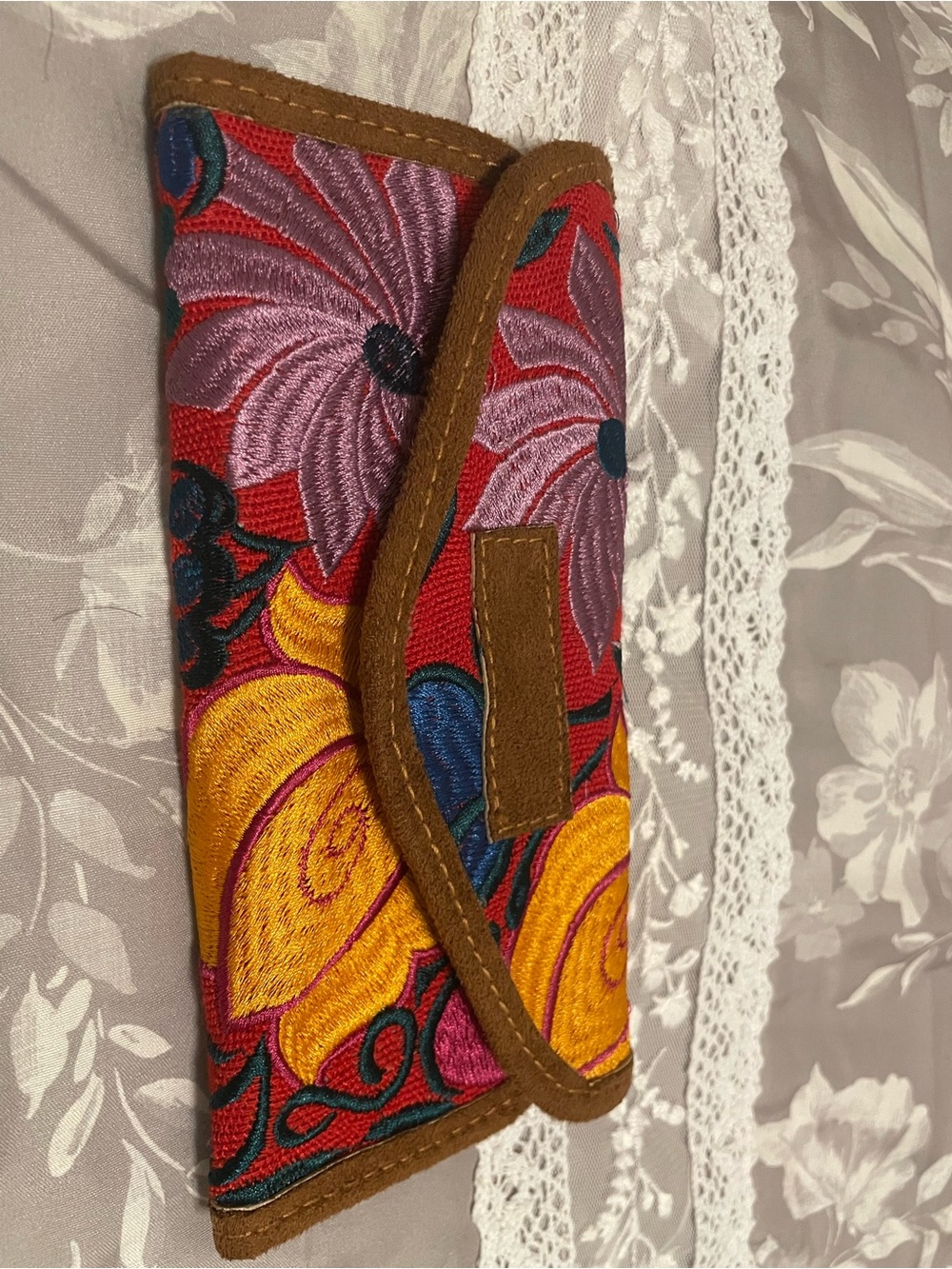 Embroidered Floral Clutch Wallet - Red, Yellow & Purple Guatemalan unique